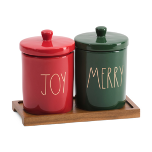 Set Of 2 Joy And Merry Canisters With Wooden Tray - RAE DUNN