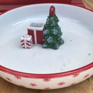 Round Candy Bowl w/Christmas tree decorations & gifts