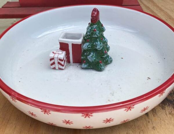 Round Candy Bowl w/Christmas tree decorations & gifts